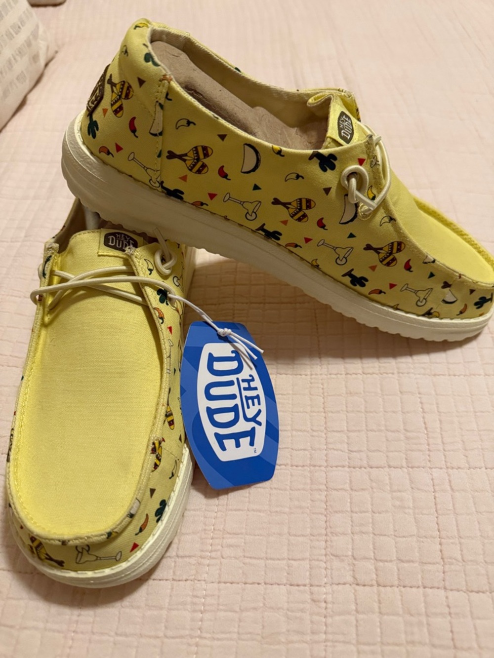 Hey Dude Yellow Canvas Slip-On Sneakers with Fun Print. Women’s size 9